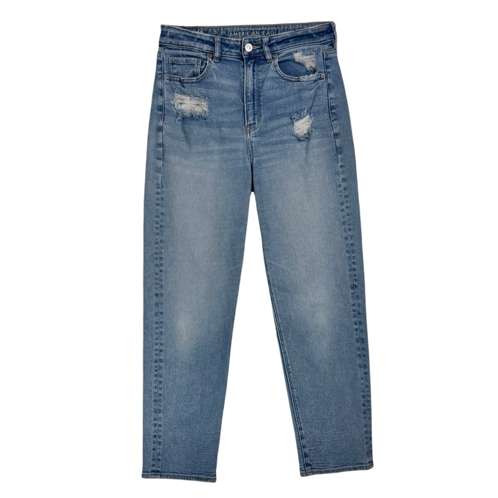 American Eagle High Waisted Mom Straight Jeans Size 8 Distressed Stretch Denim